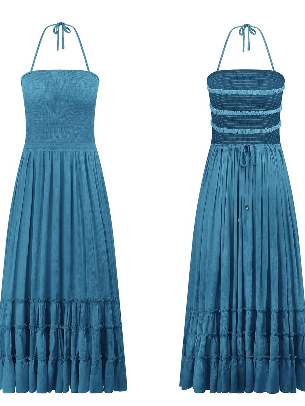 Boho Backless Smocked Maxi Dress Women’s 4-6/S Blue Teal Ruffle Pleated Halter